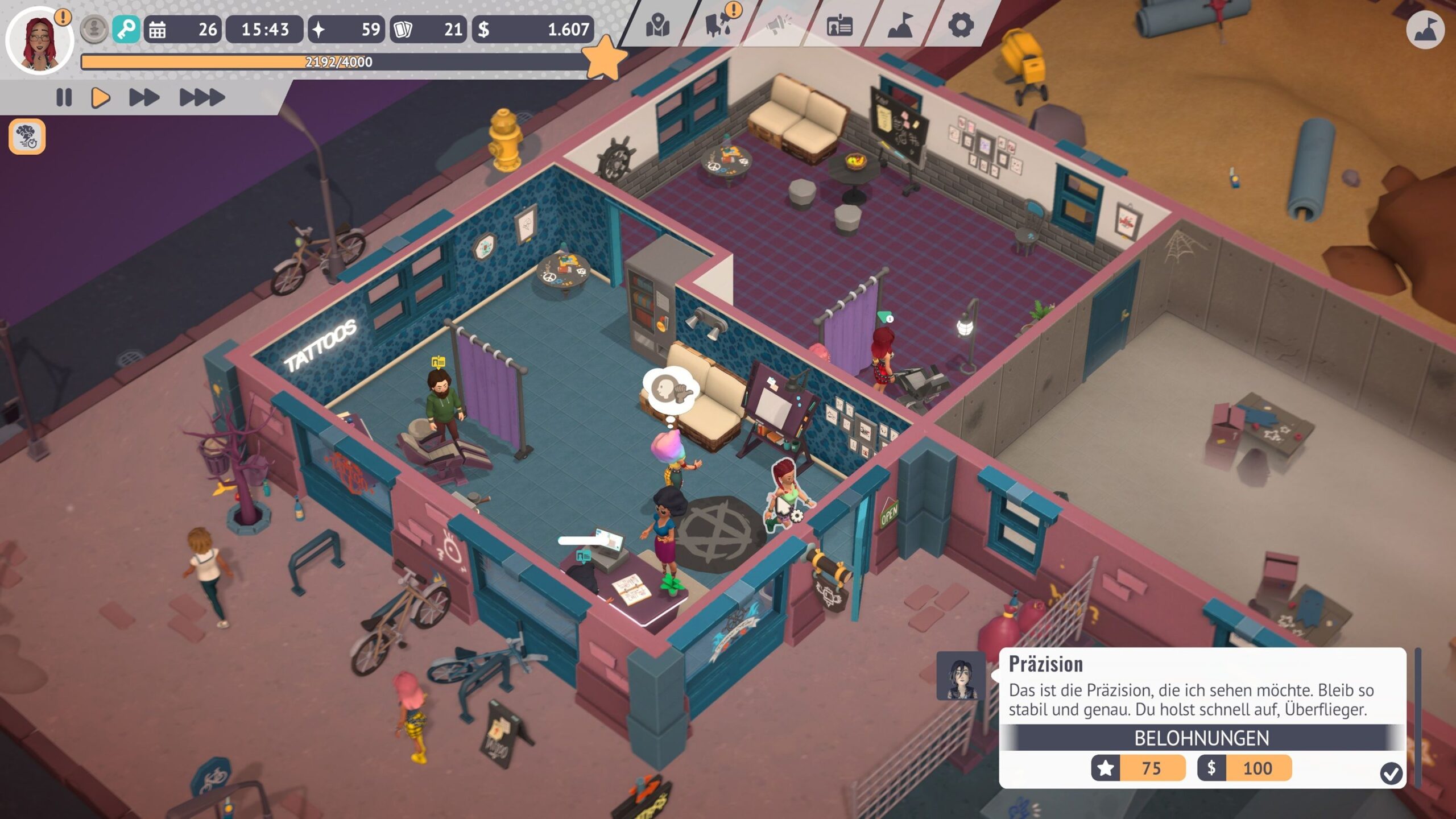 Hier haben wir gerade unser zweites Studio eröffnet - Tattoo Tycoon.