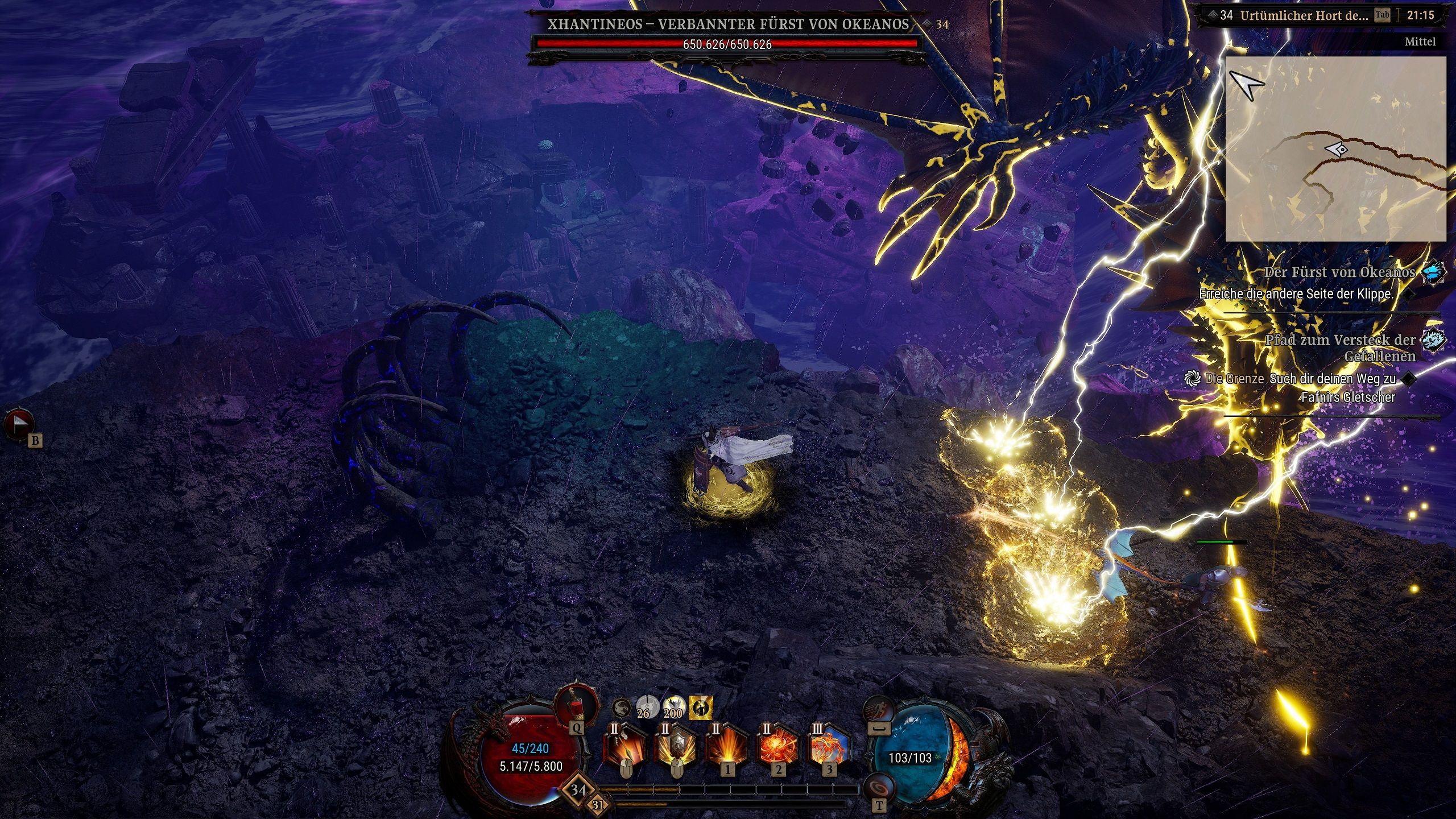 Hier befinden wir uns im Kampf mit einem der Drachen, die Bosskämpfe sind grandios umgesetzt - Dragonkin: The Banished.