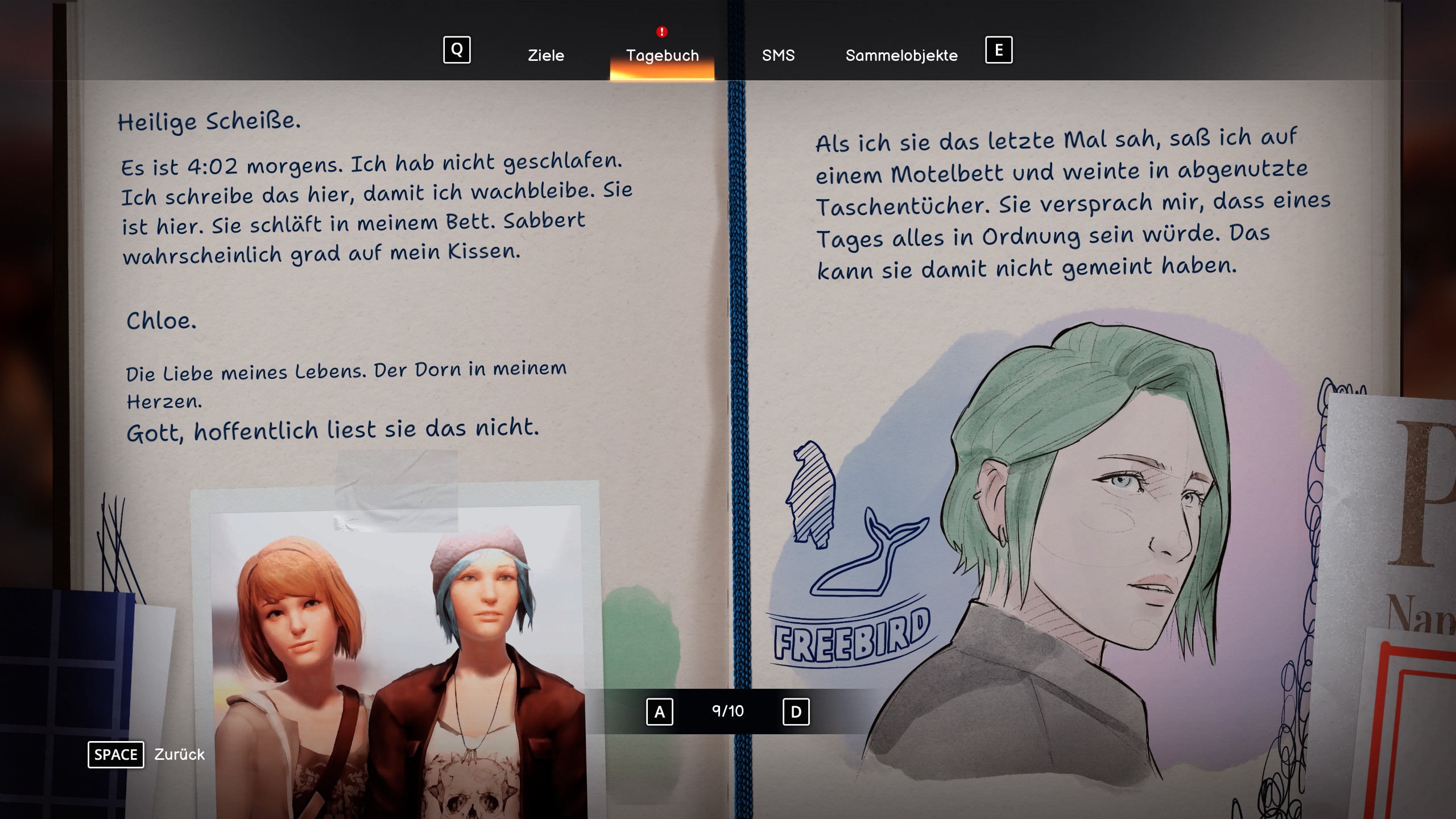 Die wunderschönen Einträge aus den Tagebüchern sind natürlich wieder mit dabei uns versorgen uns mit persönlichen Einblicken in die Gefühlswelt von Max und Chloe - Life is Strange: Reunion.